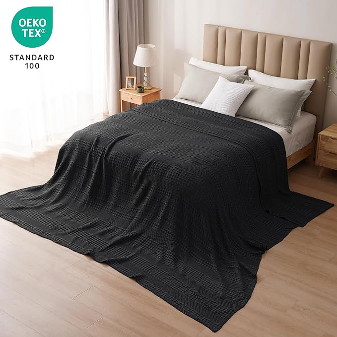 PHF 100% Cotton Waffle Weave Blanket Oversized King for Bed 120"x120"- Giant Big Lightweight Blanket 10'x10' for Bed Sofa - Aesthetic Extra Large Washed Cotton Soft Blanket - Black-Ruum Studio Home