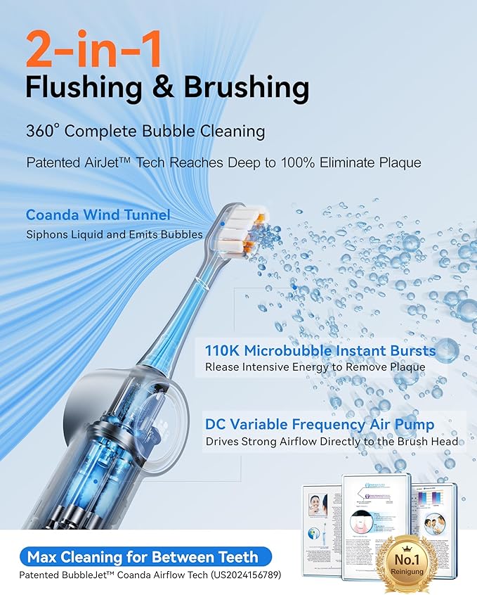 RANVOO [Vibrating & Flossing 2-in-1 AirJet Bubble Sonic Electric Toothbrush, 100% Plaque Removal, Whiter for Adult Protect Gum Orthodontic Teeth Clean Rechargeable Gift with 2 Soft Brush Heads White-Ruum Studio Home