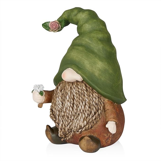 Alpine Corporation QWR1442 Outdoor Gnome with Green Hat Holding a Flower for Garden, Patio, and Lawn, 10" H, Multicolor-Ruum Studio Home