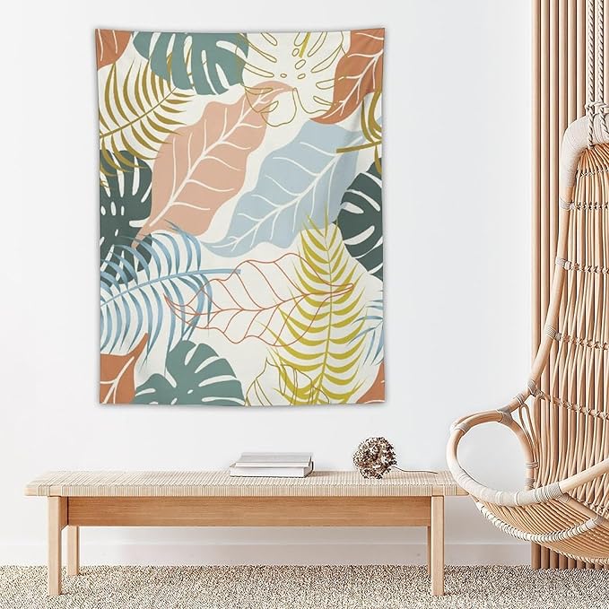 ICMOLYYENLO Boho Green Leaves Tapestry, Mid Century Abstract Tropical Palm Leaves Modern Minimalist Geometric Wall Hanging, Neutral Home Decor Art for Living Room Bedroom Dorm 50x60 Inch-Ruum Studio Home