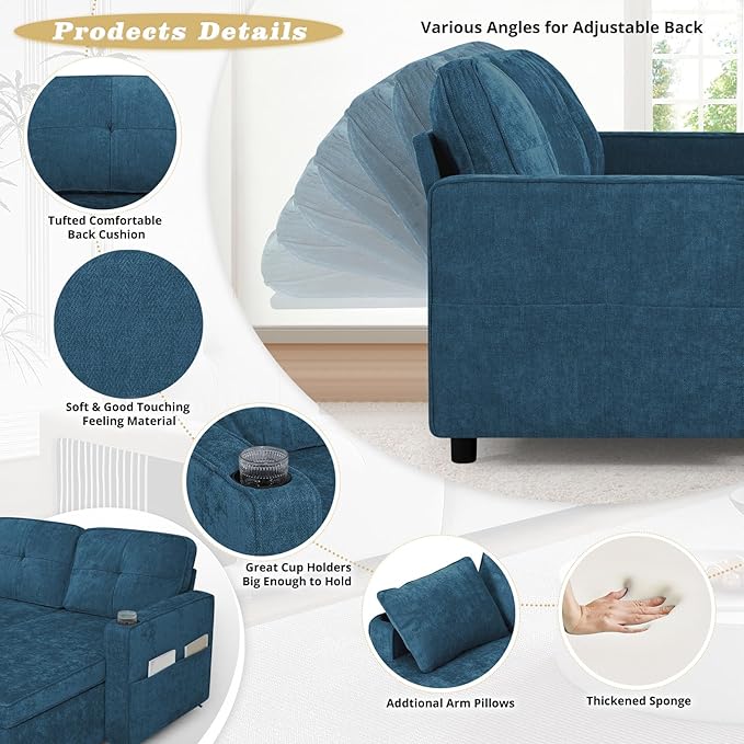 84 Inches Chenille Sectional Sofa w/Pull-Out Sofa Bed & Adjustable Back, Tufted L-Shaped Couch w/Storage Chaise, Sleeper Sectional Sofa w/USB Port & Cup Holders for Living Room, Blue-Ruum Studio Home