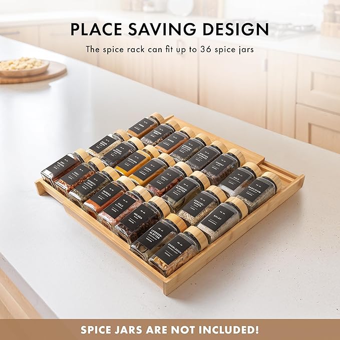 Bamboo Spice Drawer Organizer - Expandable 4 Tier Spice Rack (Need 3" Deep Drawer) 12" to 24" Wide, Seasoning Organizer, Organization Seasoning Rack insert (Jars Not Included)-Ruum Studio Home