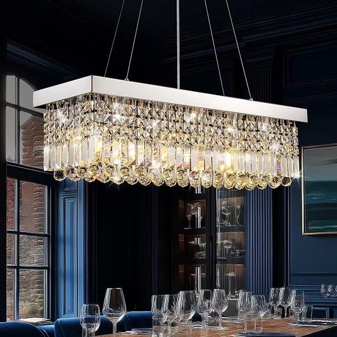 Modern Crystal Chandelier for Dining Room,6 Light K9 Crystal Rectangle Chandelier, Rectangular Pendant Ceiling Light Fixture for Living Room Kitchen Island L31.5''xW10''xH10''-Ruum Studio Home