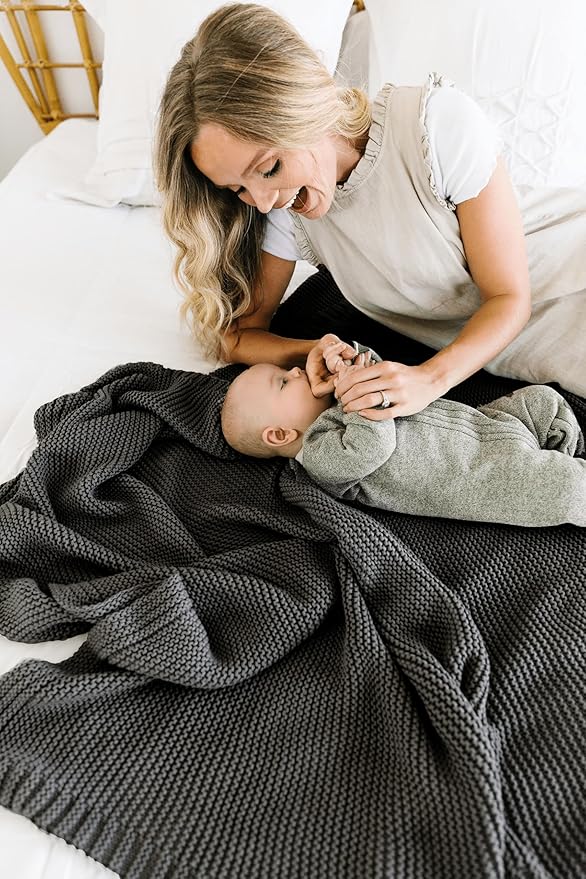 MakeMake Organics Organic Throw Blanket GOTS Certified Organic Cotton Blanket Knit Couch Bed Fall Colors Soft Neutral Cotton Throw Blanket Large (50x60, Charcoal Grey)-Ruum Studio Home