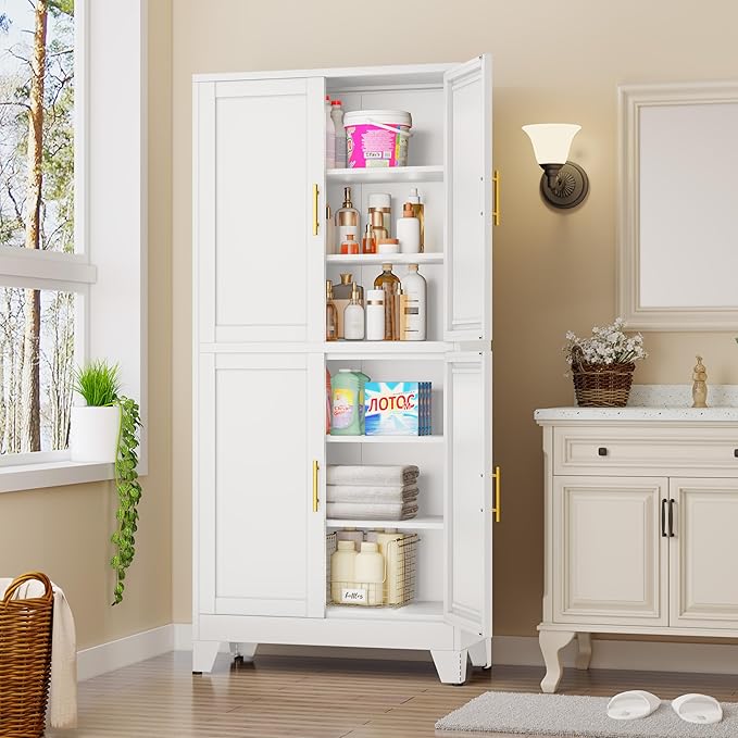 75.2" Tall Metal Pantry Cabinet, Kitchen Pantry Storage Cabinets with 4 Door and 4 Adjustable Shelves, White Storage Cabinet, Freestanding Cupboard for Kitchen Dining Room Living Room Bathroom-Ruum Studio Home