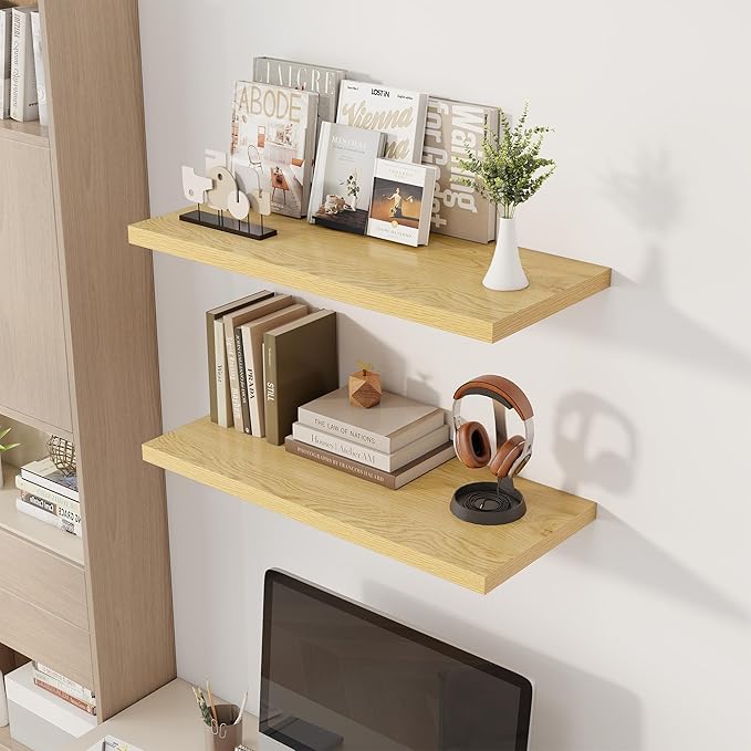 32" Floating Shelves for Wall, 12" Deep Slim Oak Floating Shelves, Wall-Mounted Shelves for Bedroom, Living Room, Kitchen, Bathroom - Set of 2-Ruum Studio Home