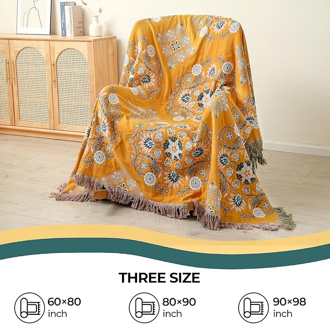 Boho Throw Blanket for Bed,100% Cotton Ultra Soft Lightweight Muslin 4-Layer Breathable Woven Throws 80''x 90'' Blanket Yellow Floral Printed Farmhouse Decor Bed Blankets-Ruum Studio Home
