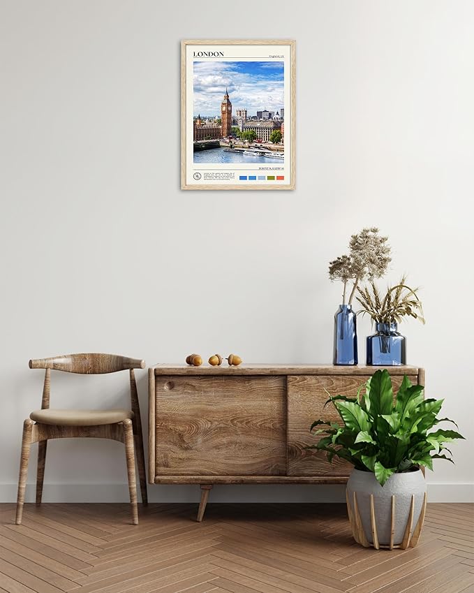 HesenDot Natural OAK Wood Framed London Wall Art,12x16in Cityscape Wall Print Posters,Classic Urban Landmark Wall Decor for Living Room,Bedroom,Office Set of 1-Ruum Studio Home