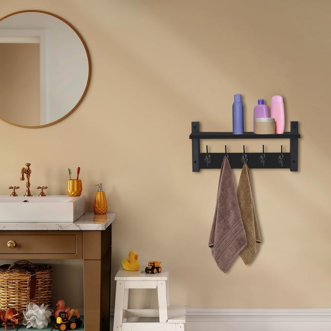 Sorbus Coat Hooks Wall Mount with Shelf – 16 Inch Coat Rack Wall Mount with 5 Heavy Duty Hooks – Floating Wall Shelf with Hooks for Entryway, Bathroom, Bedroom, Kitchen, or Mudroom (Black)-Ruum Studio Home