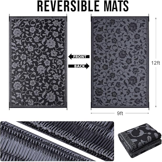 OLANLY Waterproof Outdoor Rug 9x12 ft, Outdoor Plastic Straw Rug with Flower Pattern, Reversible RV Mat for Patio, Camping, Balcony, Deck, Backyard, Black & Grey-Ruum Studio Home