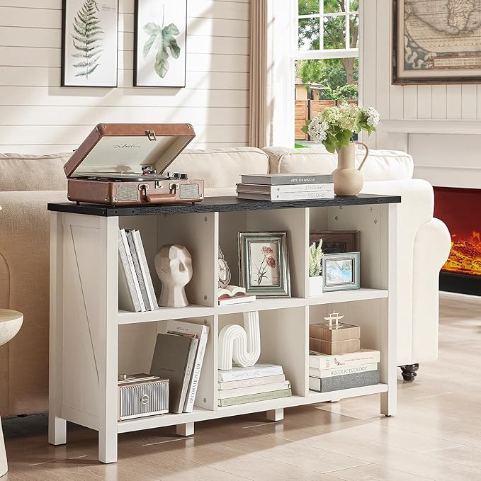 Farmhouse 6 Cube Bookshelf, Antique White & Black Wooden Storage Organizer Book Shelf, 47" Cubby Hallway Bookcase, Kids Toy Storage Cabinet, Modern Open Book Case for Living Room, Playroom-Ruum Studio Home