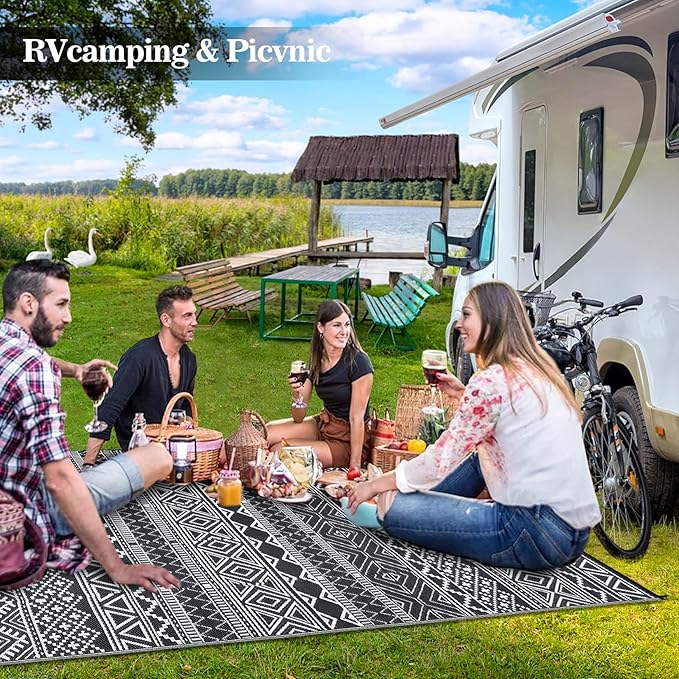 GAOMON Outdoor Plastic Straw Rug, 10'x20' Reversible Sage Green Patio Mat, Flower Modern Design for RV, Backyard, Deck, Camping, Picnic, Black/White(Bohemia)-Ruum Studio Home