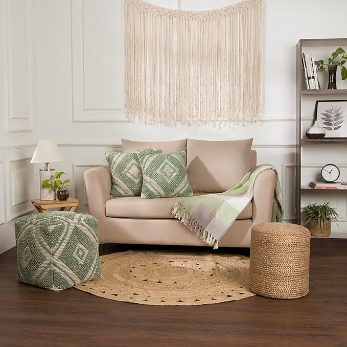 REDEARTH · Cylindrical Pouf Ottoman - Braided Pouffe Accent Sitting Round Footrest for Living Room, Bedroom, Nursery, kidsroom, Patio, Gym; 100% Jute (14.5"X14.5"X16"; Natural)-Ruum Studio Home