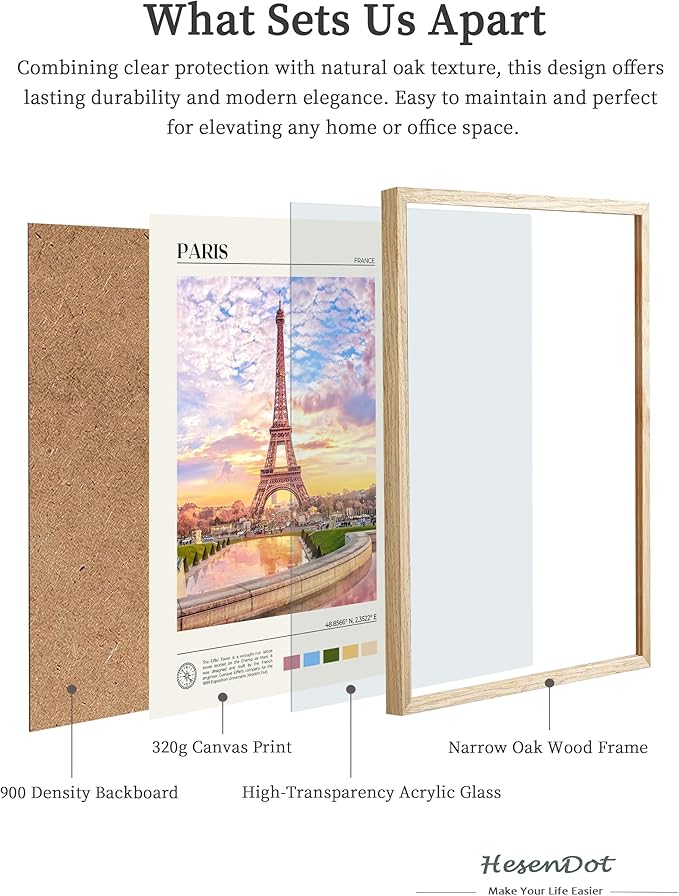 HesenDot Natural OAK Wood Framed Paris City Wall Art,12x16in Iconic Scenery Canvas Wall Print Posters,Classic Urban Landmark Wall Decor for Living Room,Bedroom,Office Gallery Set of 1-Ruum Studio Home