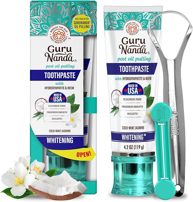 GuruNanda Hydroxyapatite Toothpaste, SLS & Fluoride Free, Whitening Toothpaste - Freshens Breath, Fights Plaque - Natural CocoMint Jasmine Neem, 4.2oz-Ruum Studio Home