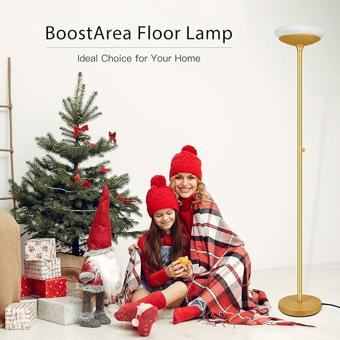 BoostArea Torchiere Floor Lamp, 24W Super Bright LED Standing Lamp, 3000K Stepless Dimmable Pole Lamp with Rotary Switch, 70 Inch Tall Metal Modern Floor Lamps for Living Room/Bedroom/Office/Den, Gold-Ruum Studio Home