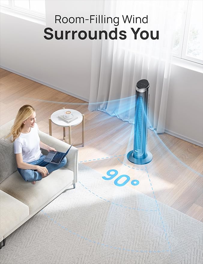 Dreo Tower Fan for Bedroom, 90° Oscillating Fans that Blow Cold Air, 5 Speeds, 4 Modes with 26ft/s Velocity, 12H & 28dB Quiet Timer, Remote, Touch, 40" Standing Floor Fan for Home Office, Black-Ruum Studio Home