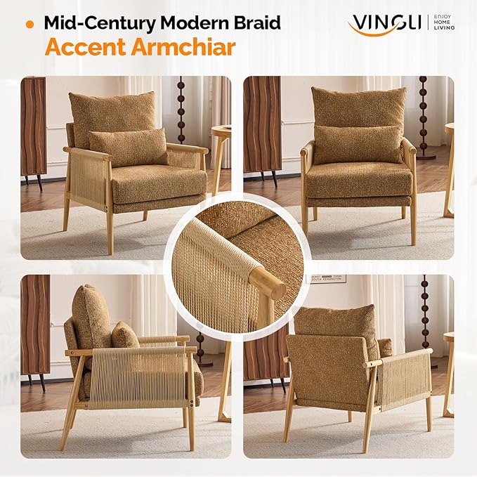 VINGLI Boho Braid Accent Armchairs Set of 2,Mid-Century Modern Chiars with Solid Wooden Armrest,Comfy Louge Cushion Chairs with Waist Pillow for Bedroom,Living Room,Reading Room, Khaki-Ruum Studio Home