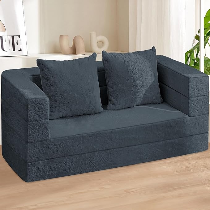 Folding Bean Bag Chair for Adults,3-in-1 Bean Bag Couch Faux Fur Floor Sofa Large Beanbag Convertible Bean Bag Sofa Bed with Pillow in Bedroom,Living Room,Apartment(Queen,Dark Grey)-Ruum Studio Home
