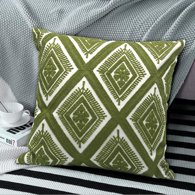 Alysheer Embroidered Decorative Throw Pillow Covers 18x18 inches Set of 2 Pieces, Boho Geometric Modern Chic Classic Pattern Cotton Cushion Cases for Sofa Couch Bed Living Room(Olive Green)-Ruum Studio Home