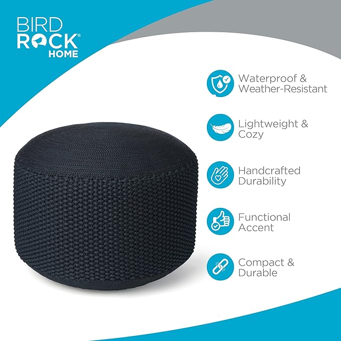 BIRDROCK HOME Outdoor Pouf Ottoman | Hand Woven Waterproof Foot Stool with Bead Bag Filling | Boho Foot Rest for Patio, Living Room, Porch & Outdoor Seating | Lightweight, Soft Stuffed Chair | Navy-Ruum Studio Home