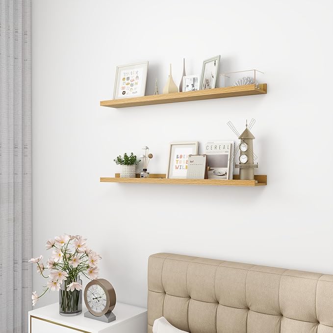 Picture Ledge Shelf, Wood Floating Shelves Set of 2, 36 inch Picture Ledge Shelves, Photo Ledge Nursery Book Shelves Wall Mounted for Living Room Kids' Room Bedroom, Color Oak-Ruum Studio Home