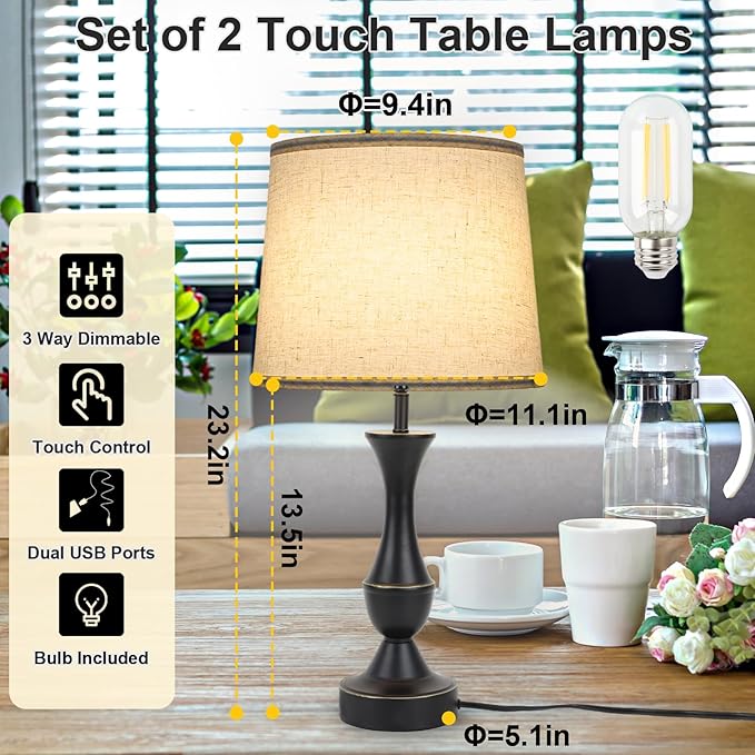 Touch Lamps for Bedrooms Set of 2, Farmhouse Table Lamp with USB C Charging Port, 3 Way Dimmable Nightstand Lamps with Linen Fabric Lampshade for Bedroom, Living Room (Pack2-Black)-Ruum Studio Home