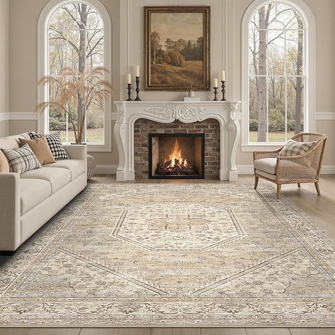 DCX Machine Washable Brown and Beige Area Rug 5x7, Non Slip Stain Resistant Vintage Floral Rug for Living Room Bedroom Nursery, Soft Low Pile Large Carpet-Ruum Studio Home