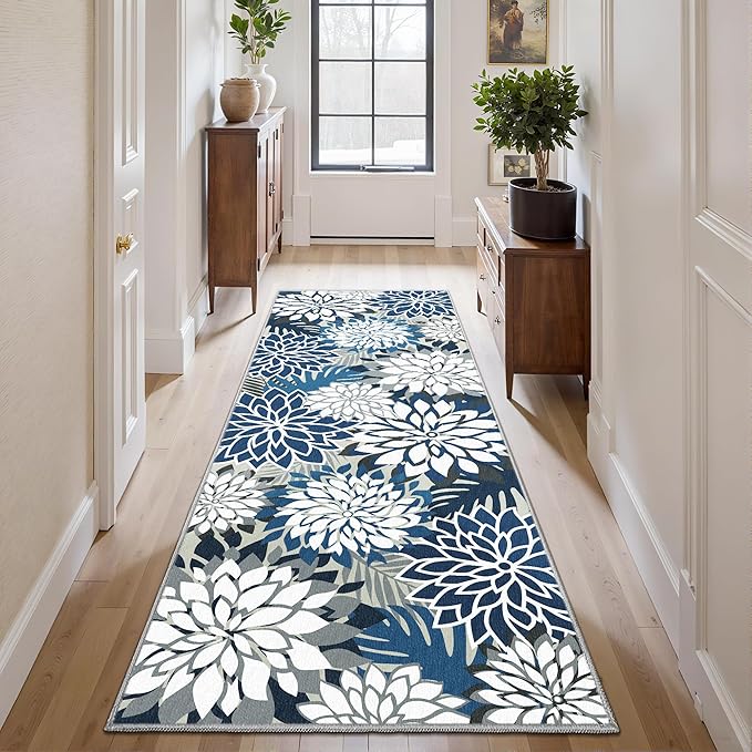 Area Rug 2x6 Blue White Washable Entry Rug Multicolored Tropical Botanical Modern Floral Indoor Kitchen Door Mat Entrance Carpet Non Slip for Bedroom Living Room, Porch-Ruum Studio Home