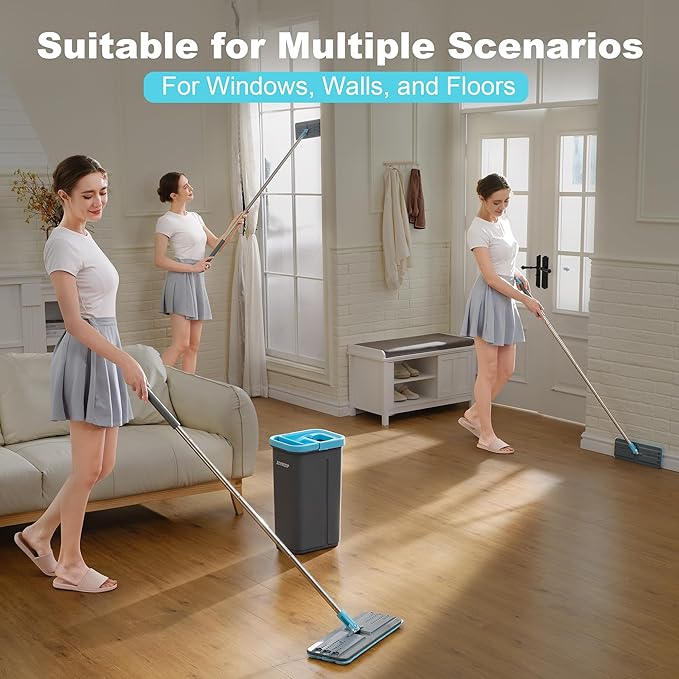 JOYMOOP Mop and Bucket Set with Wringer, with 3 Reusable Microfiber Mop Pads, Mops for Floor Cleaning and Wall Cleaning, Hands-Free Flat Mop for Home Use - Grey+Cyan Blue-Ruum Studio Home