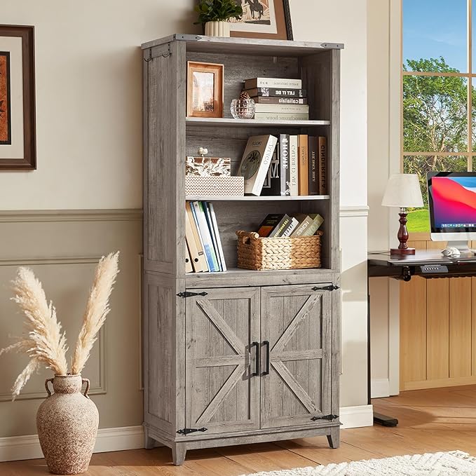 5 Tier Bookshelf 70in Tall Bookcase with Barn Doors and Storage Cabinet, Grey Farmhouse Book Shelf with Adjustable Shelves, Wood Freestanding Display Bookshelves for Bedroom, Kitchen (3PCS)-Ruum Studio Home