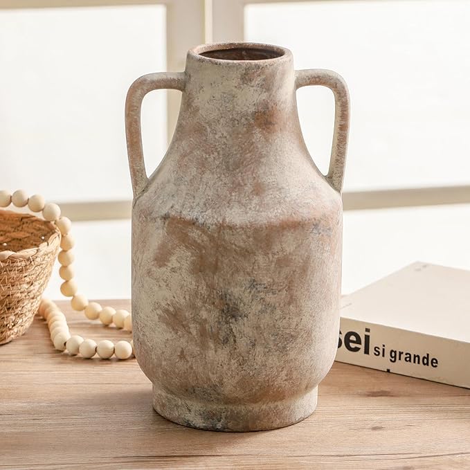 Mitt&Ditt Ceramic Flower Vase with Handles, 11 inch Tall Vase for Centerpieces, Large Decorative Terracotta Vases, Farmhouse Rustic Vases for Home Decor, Living Room, Table, Neutral-Ruum Studio Home
