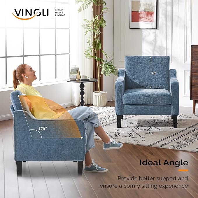 VINGLI Mid Century Modern Accent Chair,Navy Blue Chenille Chairs for Living Room Upholstered Armchair with Scooped Arms for Bedroom,Apartment,Studio,Office,Waiting Room-Ruum Studio Home