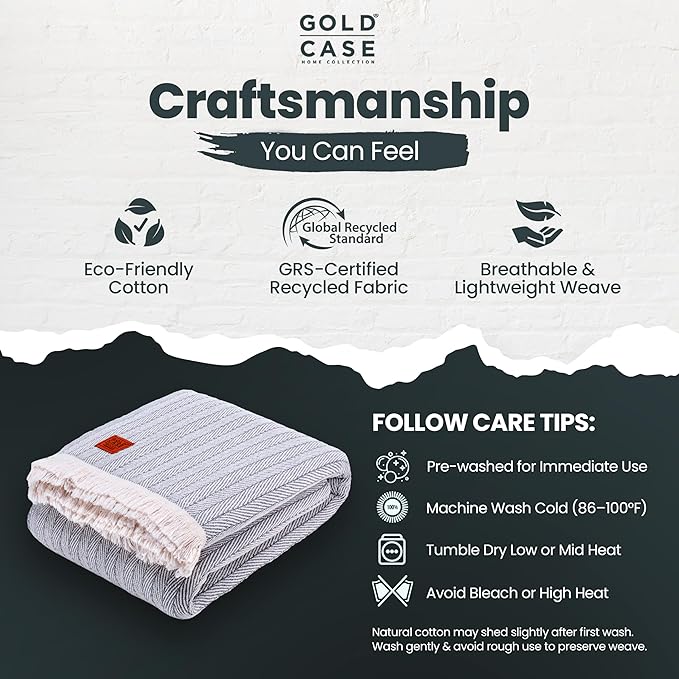 Gold Case Throw Blanket for Bed – 100% Recycled Turkish Cotton Bed Blanket – Decorative Throw Cotton Blankets for Living Room & Bedroom – Vintage Grey Woven Queen Blankets – 90x90-Ruum Studio Home