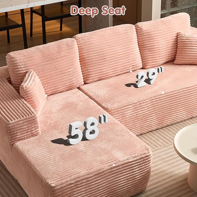 ovios 104" Cloud Sectional Couch with L-Shape Chaise,Modern Modular Sofa with Deep Seat, Upholstered Couches for Living Room Bedroom,No Assembly Required, Pink (Plush Corduroy Fabric)-Ruum Studio Home