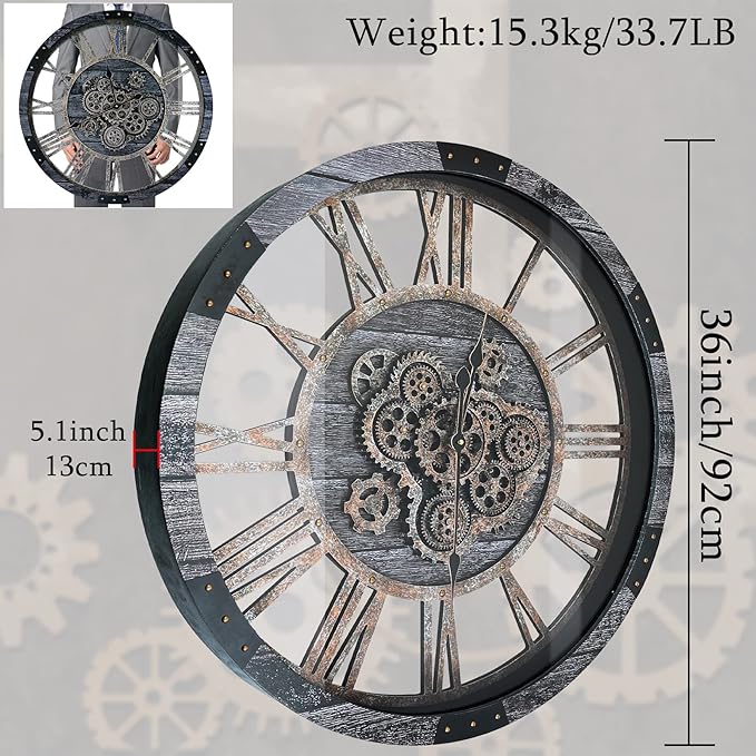 36 Inch Moving Gear Wall Clock, Oversized Wall Clocks, Clock Living Room Decor, Solid Wood Frame, Battery Operated, Large Wall Clock with Steampunk Industrial for Fireplace(Gray)-Ruum Studio Home
