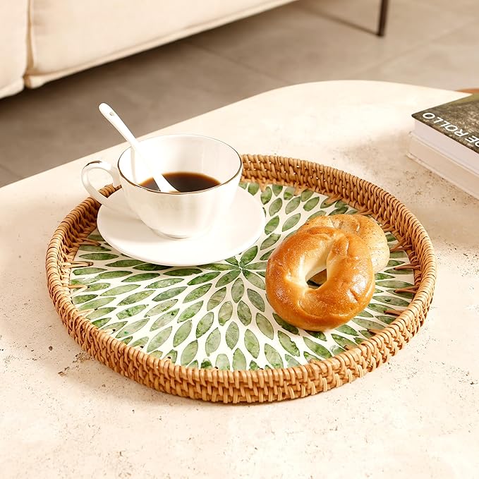 Round Rattan Tray with Mother of Pearl Inlay & Wooden Base - Decorative Wicker Serving Tray for Coffee/Bread/Fruits, Food Storage & Display - Multipurpose Home Decor (L,Green Leaves)-Ruum Studio Home