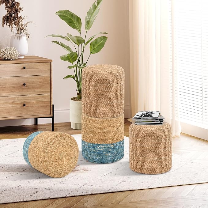 Pouf Ottomans, Handwoven Natural Straw Footstool, Round Braided Outdoor Patio Stool with Wood Frame, Boho Decor Accent Seat Balcony, or Garden (Blue)-Ruum Studio Home