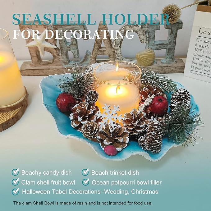 Large Turquoise-Aqua blue Sea Shells Decorative Bowl Resin Clam Shell Bowl Beach Decorations for Home Coastal Beach Decor Decoration Storage Bowls & Home Office Nautical Themed Party Decor -10.2-1PC-Ruum Studio Home