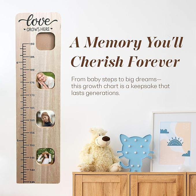 Wooden Growth Chart for Wall - Foldable Height Chart for Kids with Picture Slots - Milestone Tracker Measuring Board with Mounting Hooks - Easy Installation, Smooth Finish, Neutral Color-Ruum Studio Home