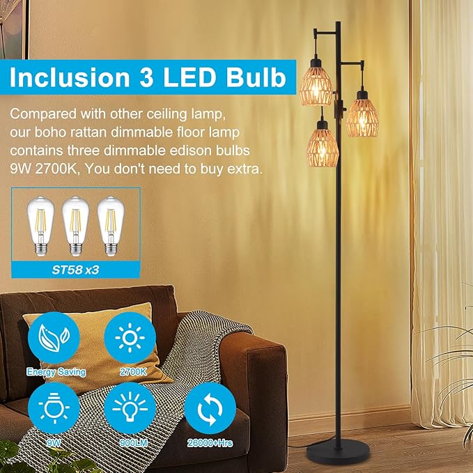 Boho Rattan Floor Lamp-Standing Lamps for Living Room 70'' Dimmable Floor Lamp with Cage Shade, Industrial Farmhouse Floor Lamps Rustic Floor Lamps Vintage Lamp for Living Room Bedroom Office-Ruum Studio Home
