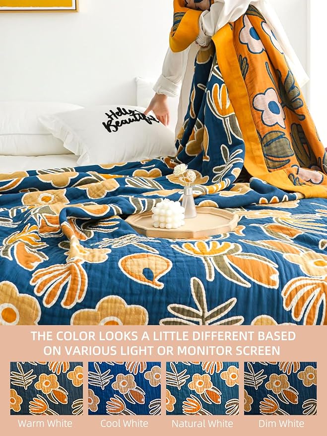 Boho Throw Blanket for Bed - 100% Pure Cotton Ultra Soft Rustic Quilt - Farmhouse Decor Bed Blankets, All Season Rustic Throw for Sofa Couch Chair(91''x 98'', Floral)-Ruum Studio Home