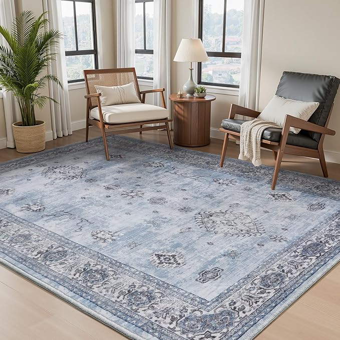 AMOAMI-Vintage Area Rug 3x5 Blue Rugs for Living Room-Soft Washable Rug Non Slip Entryway Rug Indoor Vintage Throw Accent for Bedroom Laundry Room Dining Bathroom Bedside-Ruum Studio Home