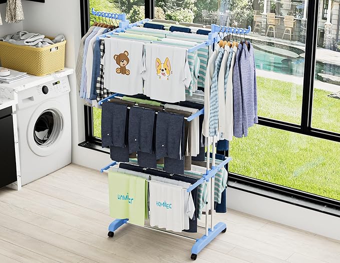 HOMIDEC Clothes Drying Rack, Large 4-Tier Foldable Drying Rack Clothing(67.7H x 19.7W x 30L Inches), Movable Drying Rack with 4 castors. Multifunctional Stainless Steel Laundry Drying Rack, Blue-Ruum Studio Home