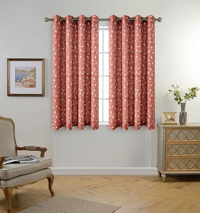 MIUCO Floral Embroidered Semi Sheer Curtains Faux Linen Grommet Window Curtains for Girls Room 52 x 63 Inch 2 Panels, Rust-Ruum Studio Home