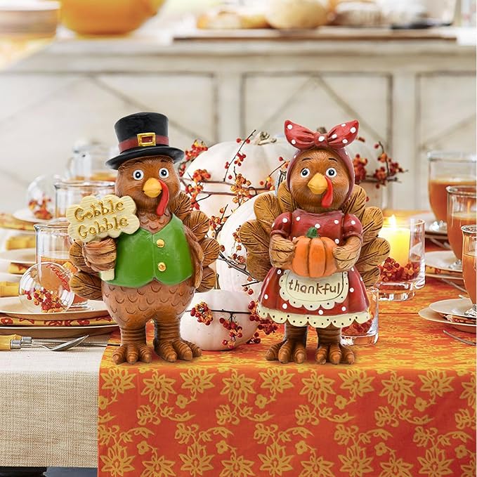Thanksgiving Turkey Decor - 2Packs Resin Turkey Couple Standing Figurines Thanksgiving Decorations- Fall Decor Indoor for Tables Centerpieces Harvest Farmhouse Kitchen-Ruum Studio Home