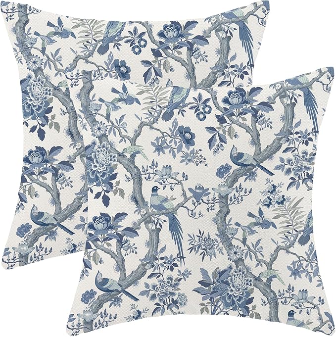CXMEIFLY Spring Pillow Covers 18 x 18 Inch Set of 2 for Navy Blue Chinoiserie Flowers Bird Decor Throw Pillows Vintage Floral Plant Outdoor Decorative Cushion Cases for Couch Bed Decorations-Ruum Studio Home