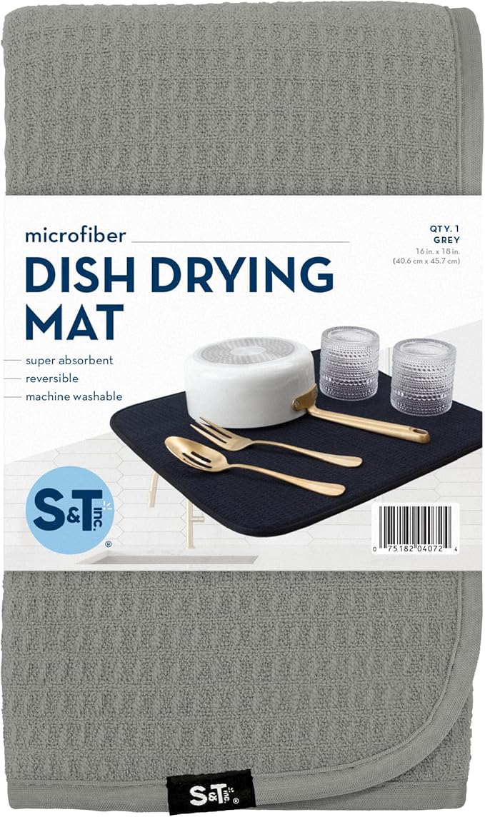 S&T INC. Dish Drying Mat, 16” x 18”, Absorbent Microfiber Kitchen Counter Mat, Dish Drying Pad for Dishes, Utensils, Pots and Pans, Large, Grey-Ruum Studio Home