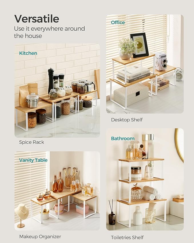 SONGMICS Cabinet Organizer Shelf, Set of 3 Kitchen Counter Shelves, Kitchen Storage, Spice Rack, Stackable, Expandable, Cloud White and Natural Beige UKCS014W01-Ruum Studio Home