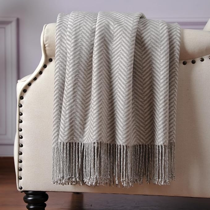 CUDDLE DREAMS Silk Throw Blanket with Hand-Knotted Fringe, Natural, Soft & Breathable (Herringbone Gray)-Ruum Studio Home